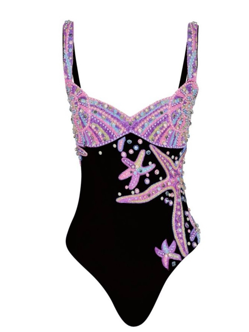 Oceanus goddess new Black One-Piece Swimsuit with Pink Beaded Starfish Accents - Picture 2 of 11
